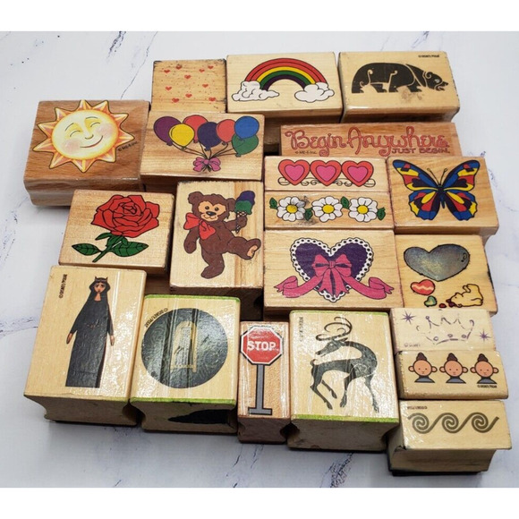 Lot of 20 Colorful Various Themes Wood Mounted Rubber Stamps - Picture 1 of 10